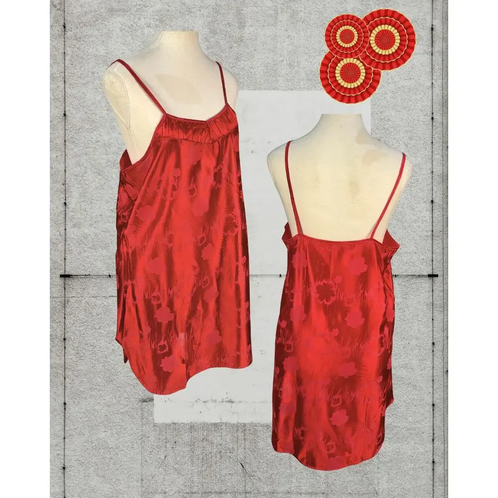 Vintage 80s Vandmere Asian Red Floral Weave Jacquard Cami Nightgown Robe Set M